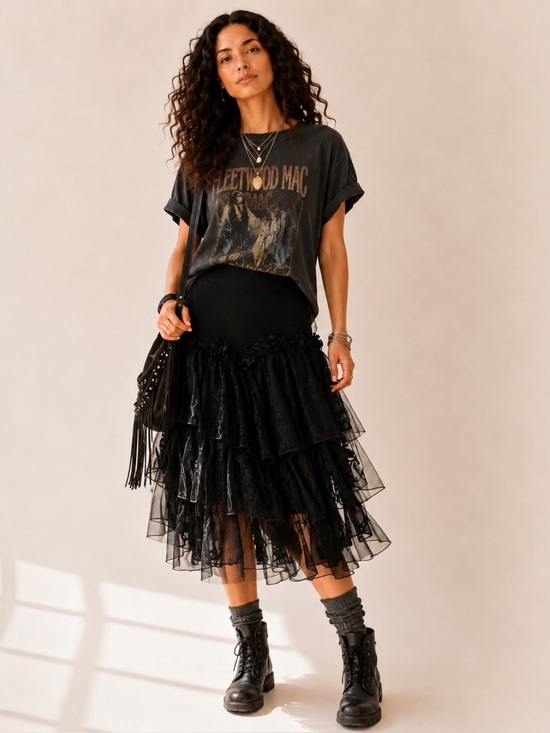 Gracia Dresses & Skirts - NWT Gracia Black Tiered Ruffle Mesh Skirt Size M Rosette Lined Boho Gothic $104